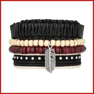 Leather Multilayer 4 Adjustable Handmade Bracelets With Feather Charm